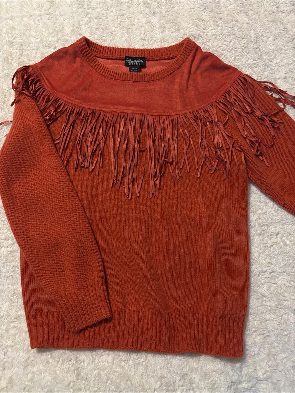 Wrangler Rust Orange Fringe Crewneck Sweater